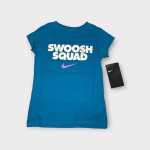 Nike White “Swoosh Squad” Text Blue Top